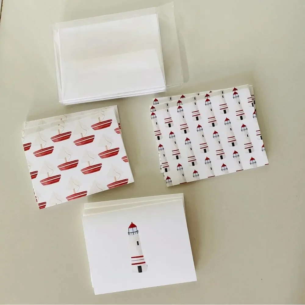 NEW ANTHROPOLOGIE White Red Illustrated Lighthouses Nautical Card Notecards s/